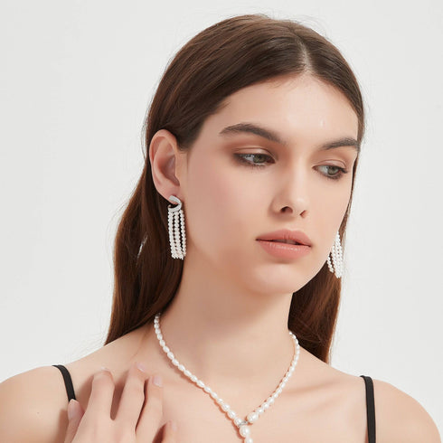 Curved Cubic Zirconia & Multi-Chain Pearl Earrings - House Of Pearls
